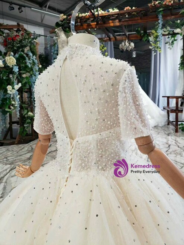 Champagne Ball Gown Tulle Hi Lo Short Sleeve High Neck Backless Beading Flower Girl Dress