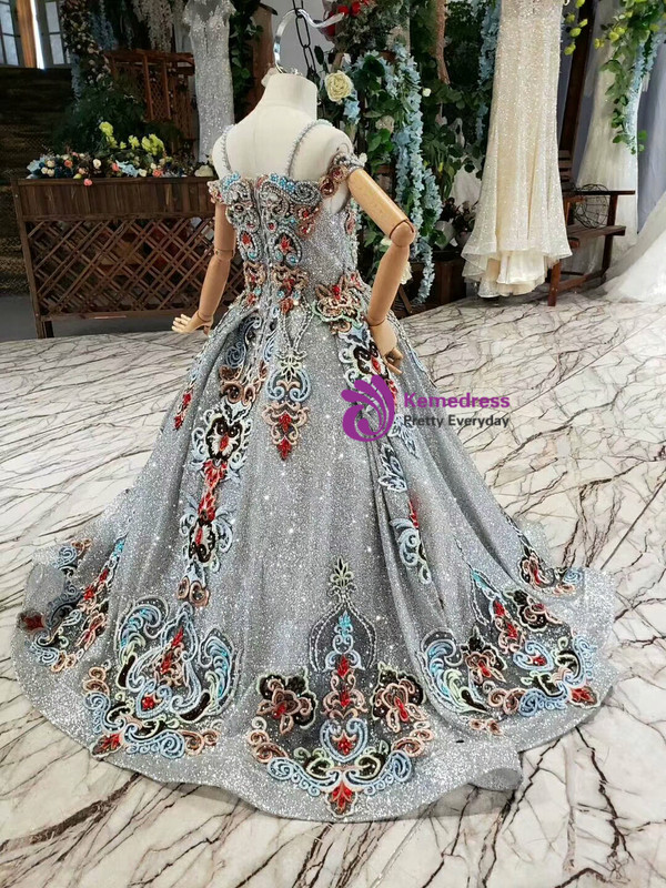 Silver Gray Ball Gown Sequins Spaghetti Straps Embroidery Flower Girl Dress With Beading Crystal 