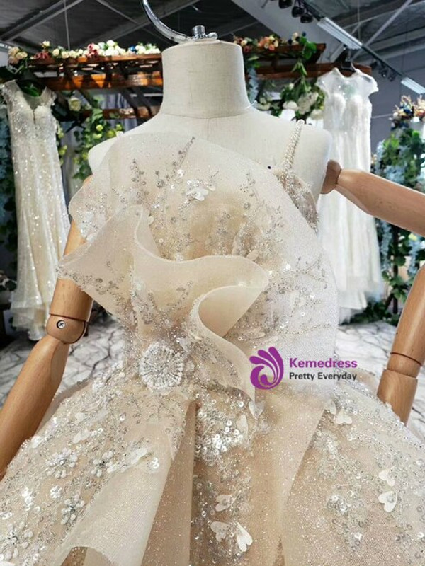 Champagne Ball Gown Sequins Spaghetti Straps Appliques Flower Girl Dress With Long Train