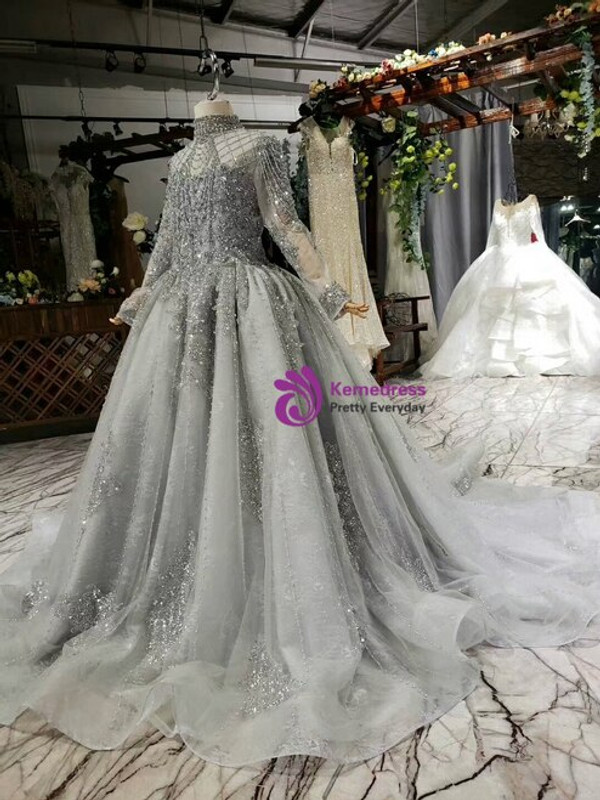 Silver Gray Ball Gown Tulle High Neck Long Sleeve Pearls Flower Girl Dress 