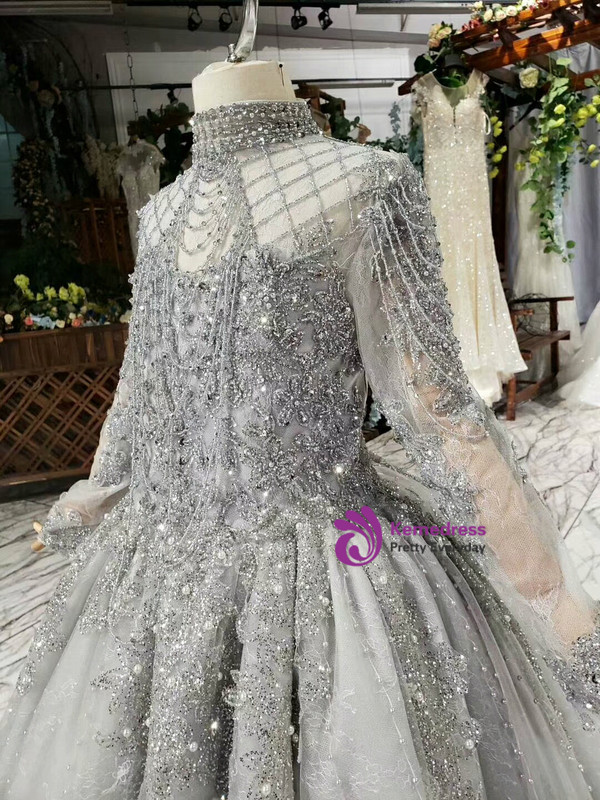 Silver Gray Ball Gown Tulle High Neck Long Sleeve Pearls Flower Girl Dress 