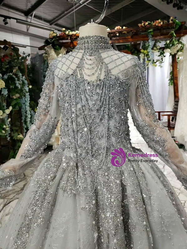 Silver Gray Ball Gown Tulle High Neck Long Sleeve Pearls Flower Girl Dress 