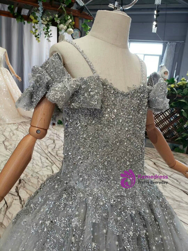 Gray Ball Gown Tulle Beading Sequins Spaghetti Straps Flower Girl Dress With Pearls