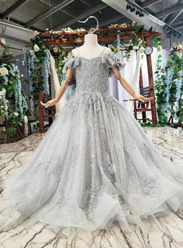 Gray Ball Gown Tulle Beading Sequins Spaghetti Straps Flower Girl Dress With Pearls