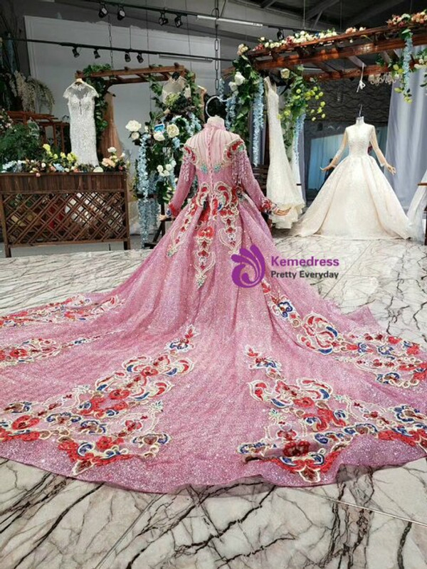 Pink Sequins High Neck Long Sleeve Embroidery Crystal Beading Flower Girl Dress With Long Train