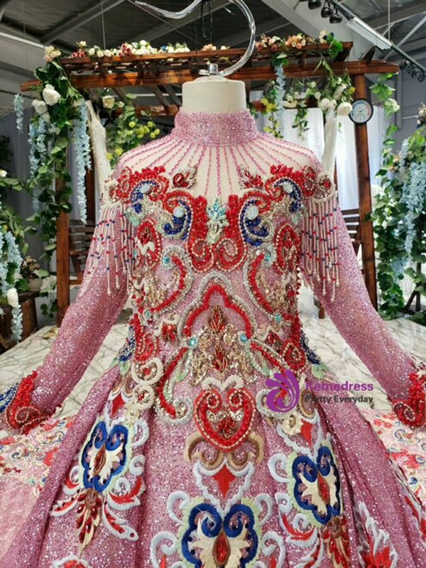 Pink Sequins High Neck Long Sleeve Embroidery Crystal Beading Flower Girl Dress With Long Train