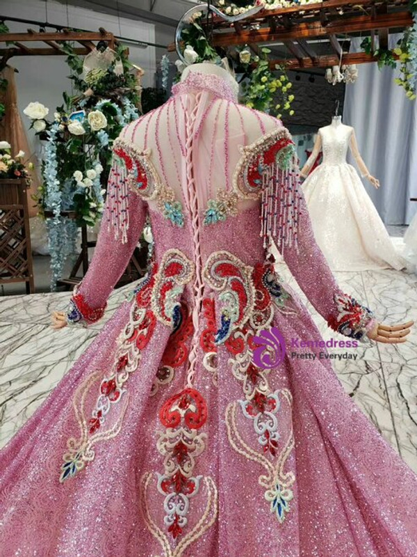 Pink Sequins High Neck Long Sleeve Embroidery Crystal Beading Flower Girl Dress With Long Train