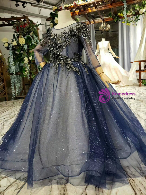 Navy Blue Tulle Sequins Long Sleeve Backless Appliques Sequins Flower Girl Dress