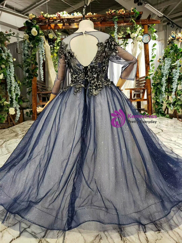 Navy Blue Tulle Sequins Long Sleeve Backless Appliques Sequins Flower Girl Dress
