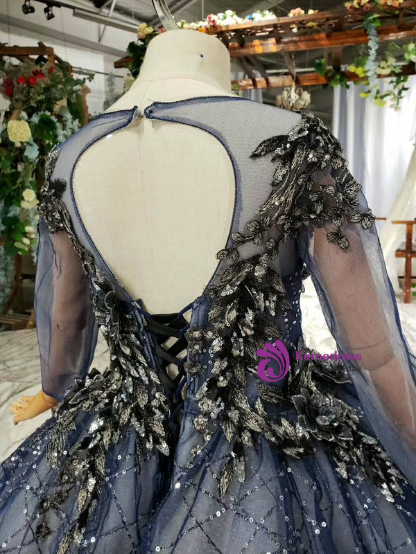 Navy Blue Tulle Sequins Long Sleeve Backless Appliques Sequins Flower Girl Dress