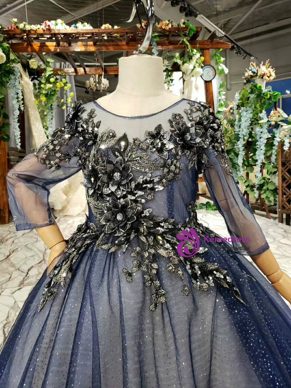 Navy Blue Tulle Sequins Long Sleeve Backless Appliques Sequins Flower Girl Dress