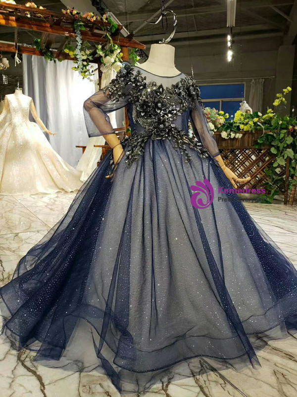 Navy Blue Tulle Sequins Long Sleeve Backless Appliques Sequins Flower Girl Dress