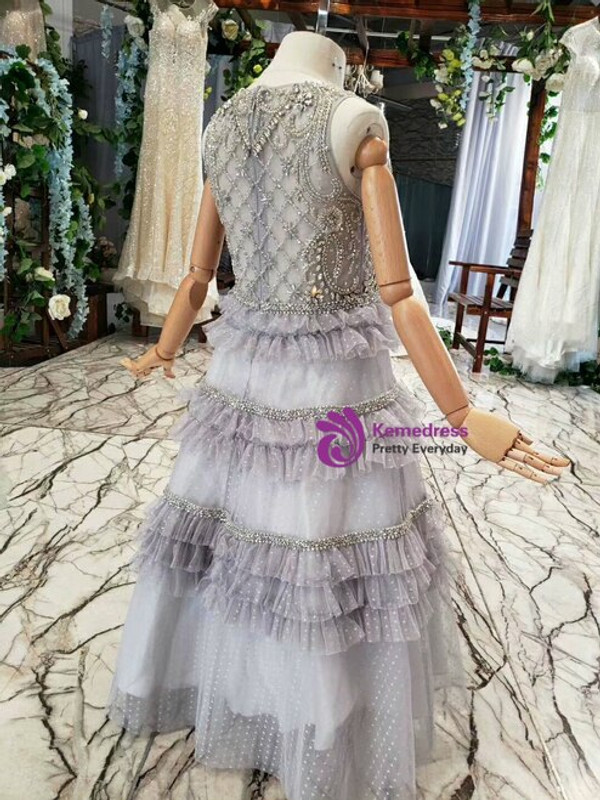 Simple Gray Wave Point Tulle Tiers Beading Crystal Sleeveless Long Flower Girl Dress