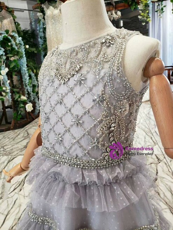 Simple Gray Wave Point Tulle Tiers Beading Crystal Sleeveless Long Flower Girl Dress