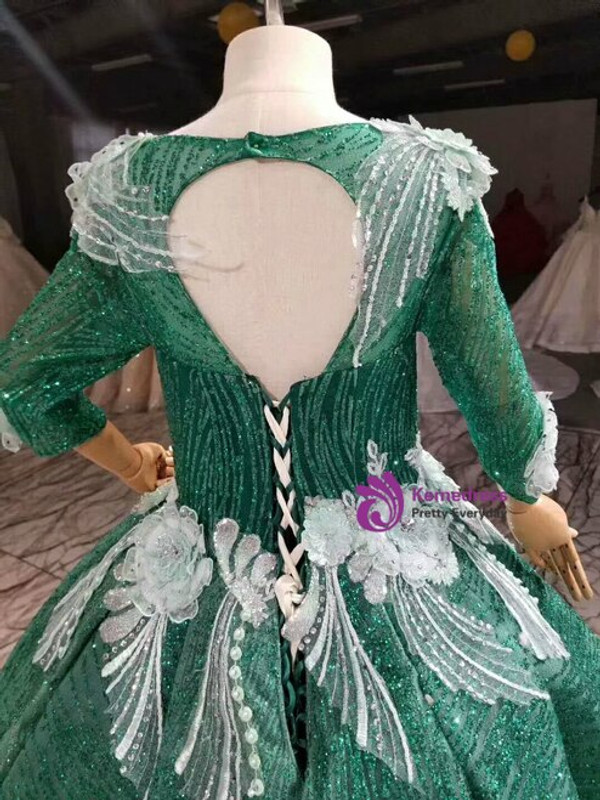 Cute Green Sequins Long Sleeve Backless White Appliques Flower Girl Dress