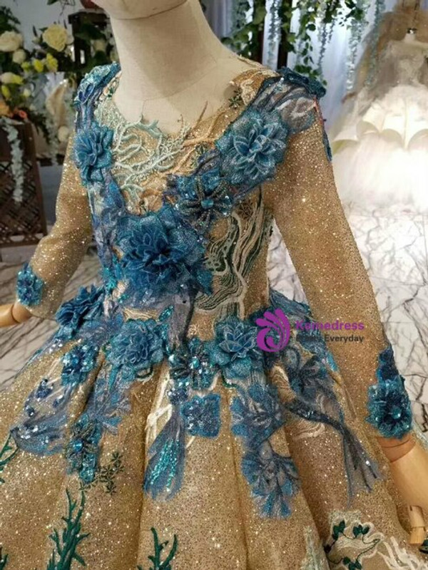 Luxurious Gold Ball Gown Long Sleeve Sequins Blue 3D Appliques Flower Girl Dress