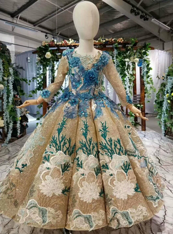 Luxurious Gold Ball Gown Long Sleeve Sequins Blue 3D Appliques Flower Girl Dress