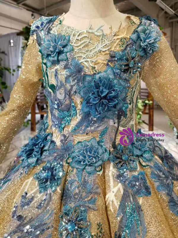 Luxurious Gold Ball Gown Long Sleeve Sequins Blue 3D Appliques Flower Girl Dress