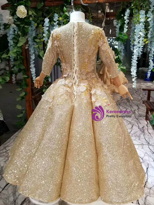 Fashion Gold Ball Gown Sequins Appliques Beading Long Sleeve Flower Girl Dress