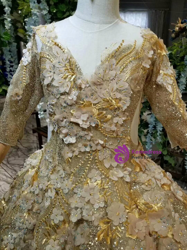 Fashion Gold Ball Gown Sequins Appliques Beading Long Sleeve Flower Girl Dress