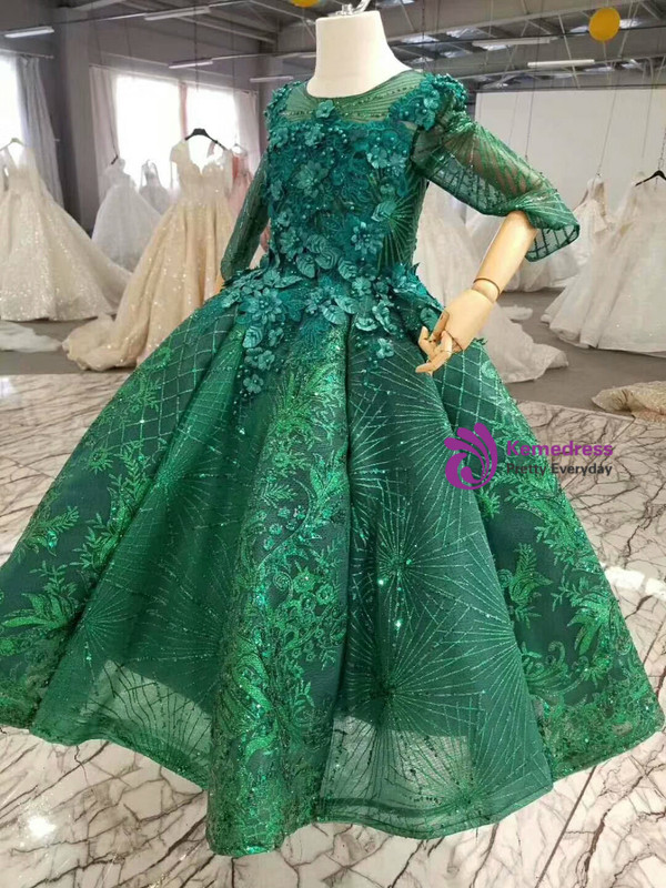 Amazing Green Long Sleeve Backless Ball Gown Sequins Appliques Beading Flower Girl Dress