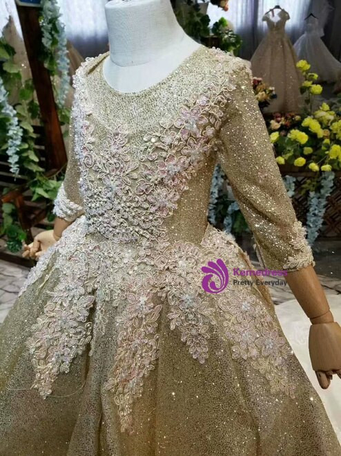 Princess Gold Ball Gown Sequins Long Sleeve Backless Appliques Beading Flower Girl Dress