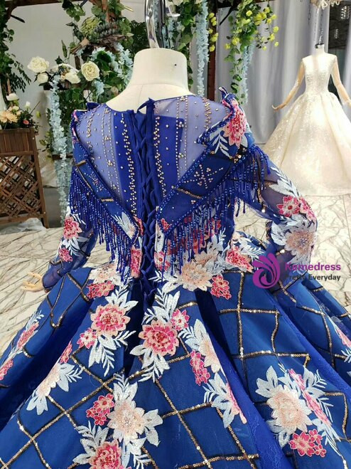 Royal Blue Long Sleeve Tulle Sequins Appliques Beading Luxury Flower Girl Dress With Long Train