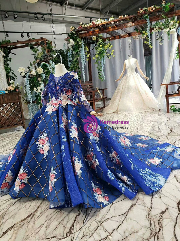Royal Blue Long Sleeve Tulle Sequins Appliques Beading Luxury Flower Girl Dress With Long Train