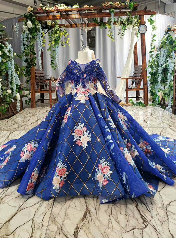 Royal Blue Long Sleeve Tulle Sequins Appliques Beading Luxury Flower Girl Dress With Long Train