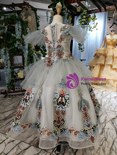 Gray Ball Gown Tulle Coloful Embroidery Beading Crystal Flower Girl Dress