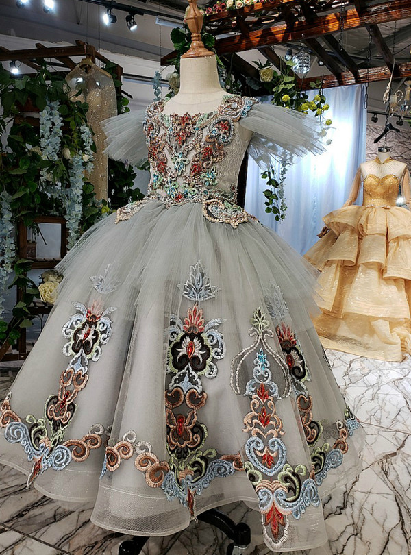 Gray Ball Gown Tulle Coloful Embroidery Beading Crystal Flower Girl Dress