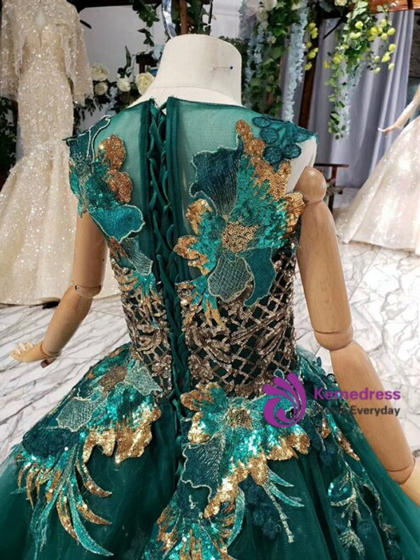 Green Ball Gown Tulle Sequins Appliques Sleeveless Luxury Flower Girl Dress