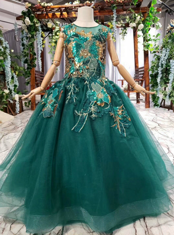Green Ball Gown Tulle Sequins Appliques Sleeveless Luxury Flower Girl Dress