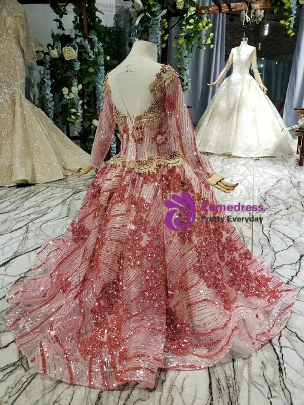 Fashionable Pink Ball Gown Tulle Sequins Appliques Beading Long Sleeve Flower Girl Dress