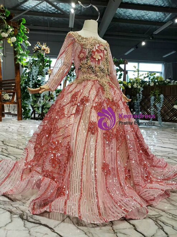 Fashionable Pink Ball Gown Tulle Sequins Appliques Beading Long Sleeve Flower Girl Dress