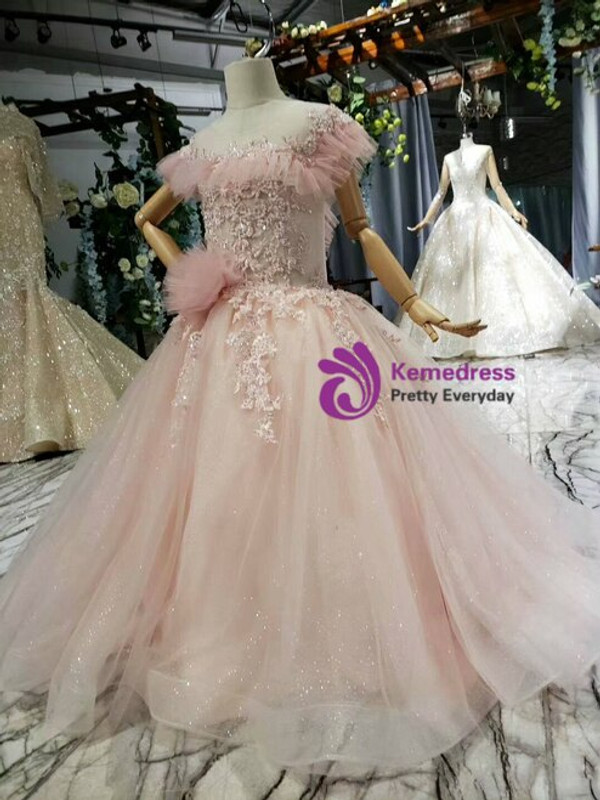 Princess Pink Tulle Backless Sequins Appliques Beading Flower Girl Dress