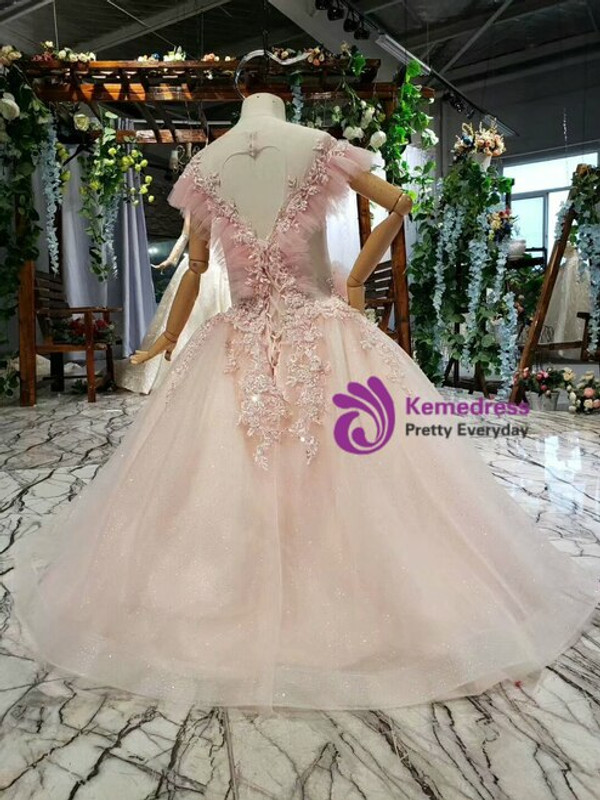 Princess Pink Tulle Backless Sequins Appliques Beading Flower Girl Dress