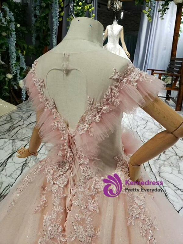 Princess Pink Tulle Backless Sequins Appliques Beading Flower Girl Dress