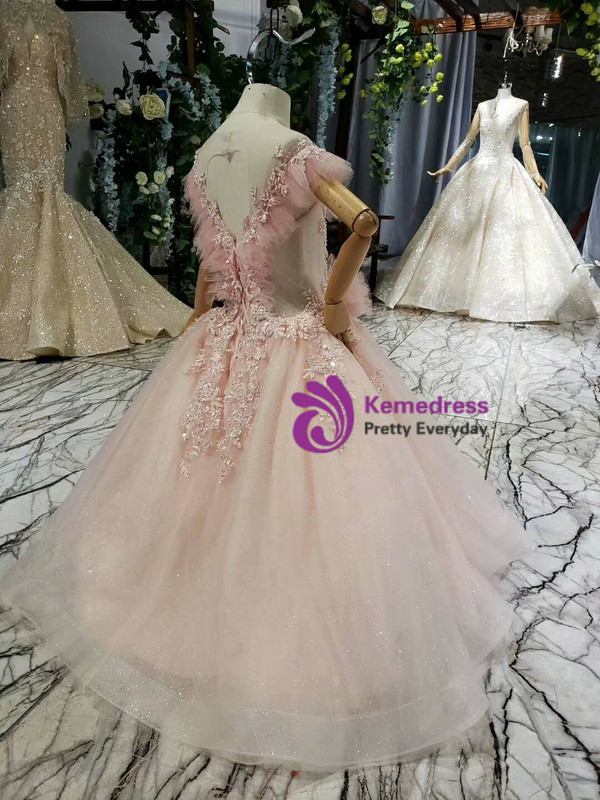 Princess Pink Tulle Backless Sequins Appliques Beading Flower Girl Dress