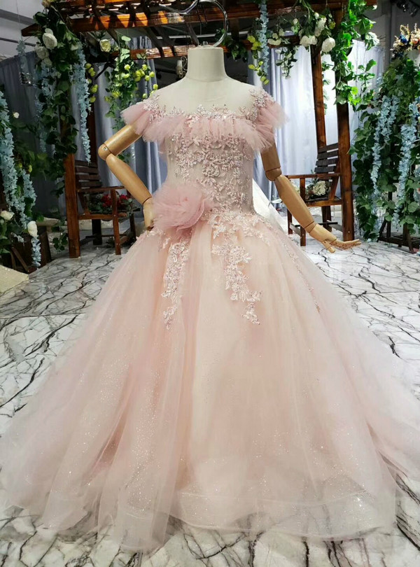 Princess Pink Tulle Backless Sequins Appliques Beading Flower Girl Dress
