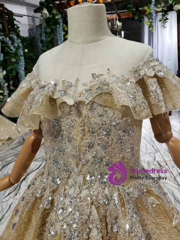 High quality Gold Ball Gown Sequins Tulle Backless Appliques Flower Girl Dress