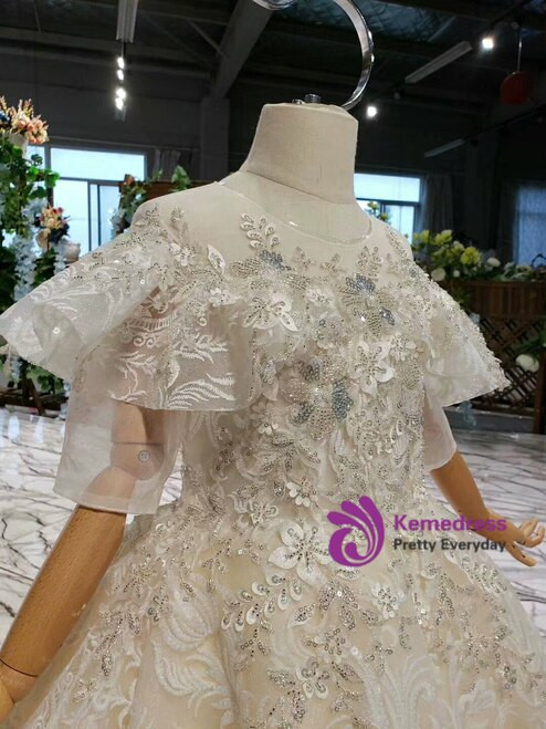 Popular Champagne Tulle Sequins Appliques Beading Short Sleeve Long Flower Girl Dress