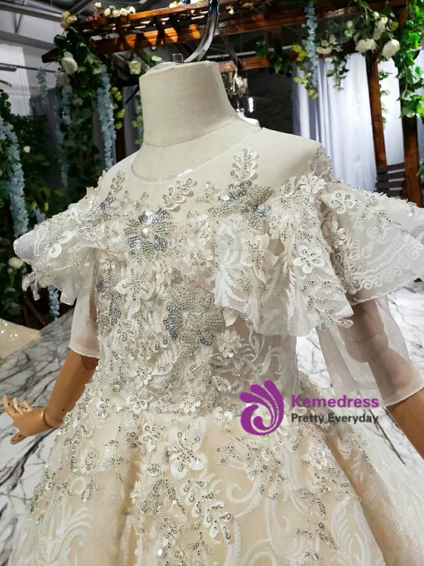 Popular Champagne Tulle Sequins Appliques Beading Short Sleeve Long Flower Girl Dress