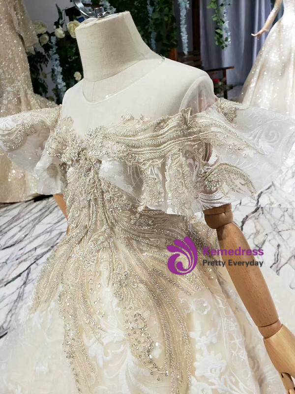 Champagne Ball Gown Tulle Sequins Appliques Beading Backless Flower Girl Dress