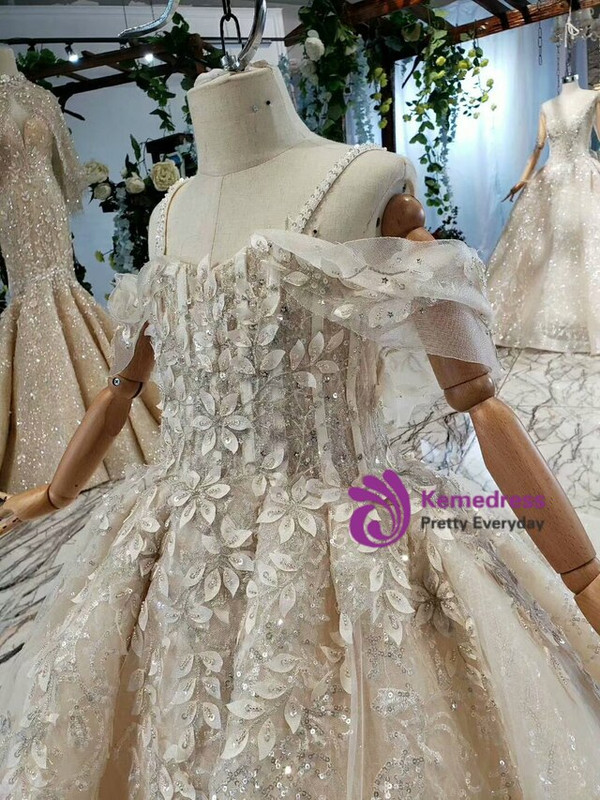 Fashion Champagne Tulle Appliques Spaghetti Straps Appliques Sequins Flower Girl Dress With Train