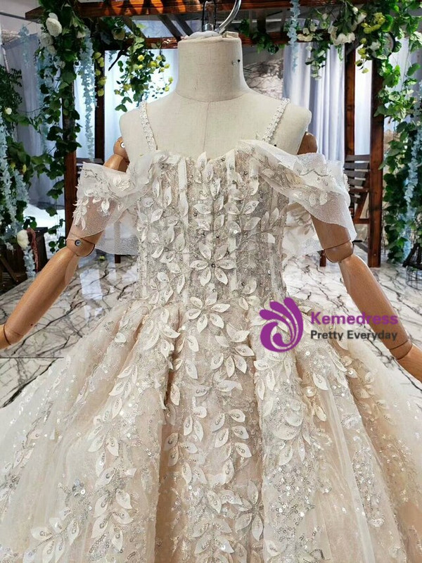 Fashion Champagne Tulle Appliques Spaghetti Straps Appliques Sequins Flower Girl Dress With Train