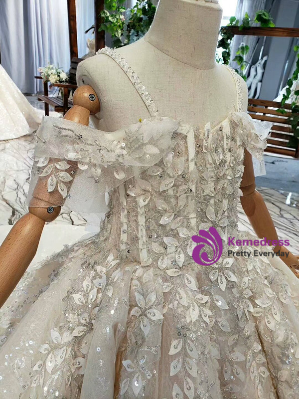 Fashion Champagne Tulle Appliques Spaghetti Straps Appliques Sequins Flower Girl Dress With Train