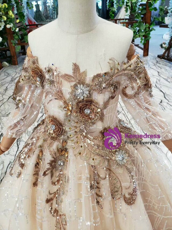 Champagne Ball Gown Tulle Sequins Off the Shoulder Long SleeveSequins  Appliques Flower Girl Dress