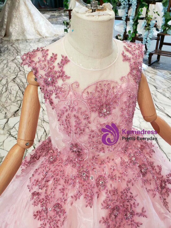 Popular Pink Ball Gown Tulle Beading Embroidery Long Flower Girl Dress