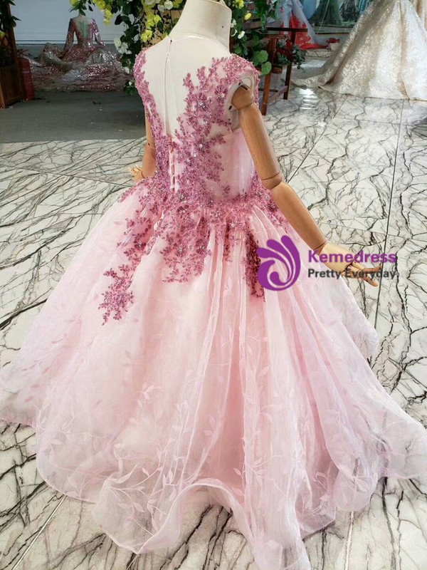 Popular Pink Ball Gown Tulle Beading Embroidery Long Flower Girl Dress